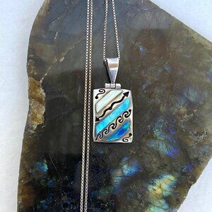 950 Silver Multi Colored Opal Rectangular Pendant Necklace 18" Box Chain